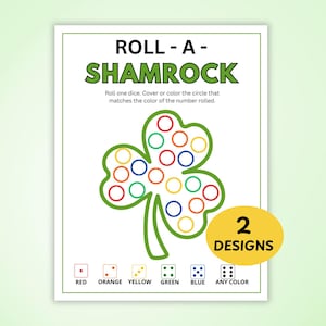 May include: A white card with the text "ROLL - A - SHAMROCK" and instructions for a color-matching game. A green shamrock shape is filled with colored circles. The card includes color and dice key.