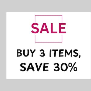 Pu&ograve; includere: Sfondo bianco con la parola "SALE" in magenta, racchiusa in un quadrato magenta. Sotto, il testo recita "BUY 3 ITEMS, SAVE 30%" in nero, promuovendo un'offerta di sconto.