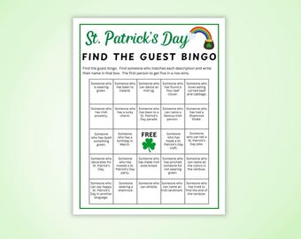 St. Patrick's Day Find the Guest Bingo Game, Printable Party Icebreaker Activity
