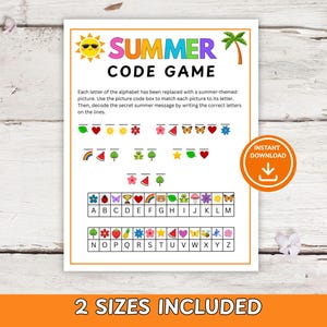 May include: A printable summer code game with colourful graphics. The game features a sun, palm tree, and summer-themed images. The text on the game says "SUMMER CODE GAME" and "2 SIZES INCLUDED".