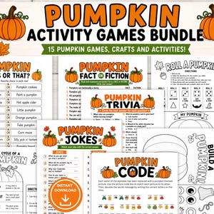 May include: A digital bundle of printable pumpkin-themed activity sheets featuring games like This or That, Fact or Fiction, Trivia, Roll a Pumpkin, Jokes, Pumpkin Code, and Build a Pumpkin. The pages include black and white illustrations and text.