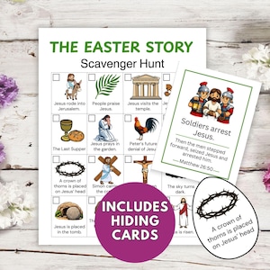 May include: A printed Easter Story Scavenger Hunt game with illustrations of biblical scenes. Includes hiding cards with text like "Soldiers arrest Jesus" and "A crown of thorns is placed on Jesus' head."