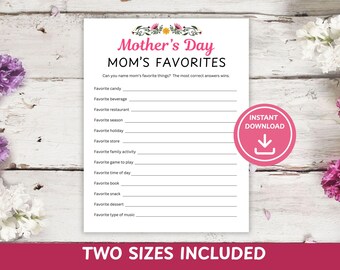 Mom's Favorite Things Game Worksheet, Mother's Day Activity