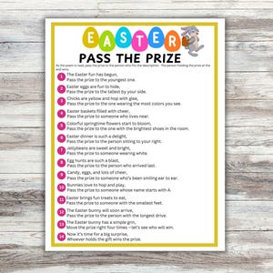May include: A printable Easter game card with instructions for a "Pass the Prize" game. The card features a yellow background with a bunny rabbit illustration and the text "Easter Pass the Prize". The game instructions are listed in a numbered format.