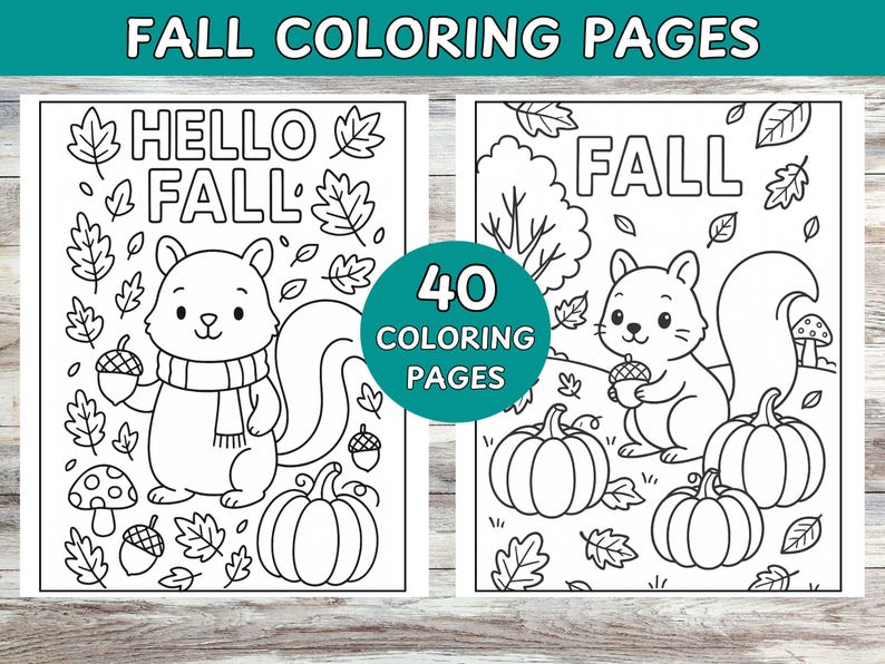 Fall coloring book for kids.  Squirrel coloring pages.