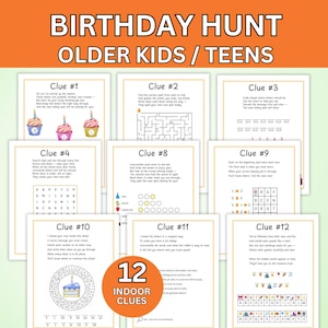 以下が含まれることがあります： 12個の屋内誕生日ハントの手がかりのコレクション。各手がかりは、カラフルなグラフィックとテキストが印刷された白いカードに印刷されています。画像の上部には「BIRTHDAY HUNT」と「OLDER KIDS / TEENS」という文字があります。