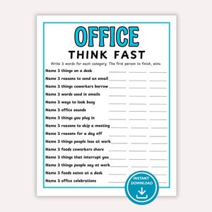 Puede incluir: Una hoja de juego imprimible titulada OFFICE THINK FAST con un borde azul. El texto incluye instrucciones para escribir tres palabras por categoría, seguidas de una lista de catorce temas de oficina con líneas en blanco y un icono de INSTANT DOWNLOAD.