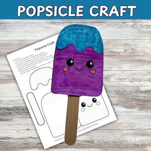 May include: A purple and blue popsicle craft with a smiling face, on a wooden stick. The image includes a printed template with instructions and a popsicle outline. The text "POPSICLE CRAFT" is at the top.