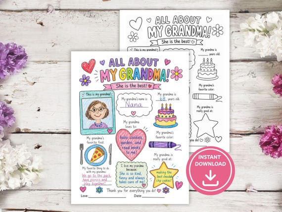 All About My Grandma Printable Coloring Page, Mother's Day, Grandparent's Day Activity, Gift for Grandma