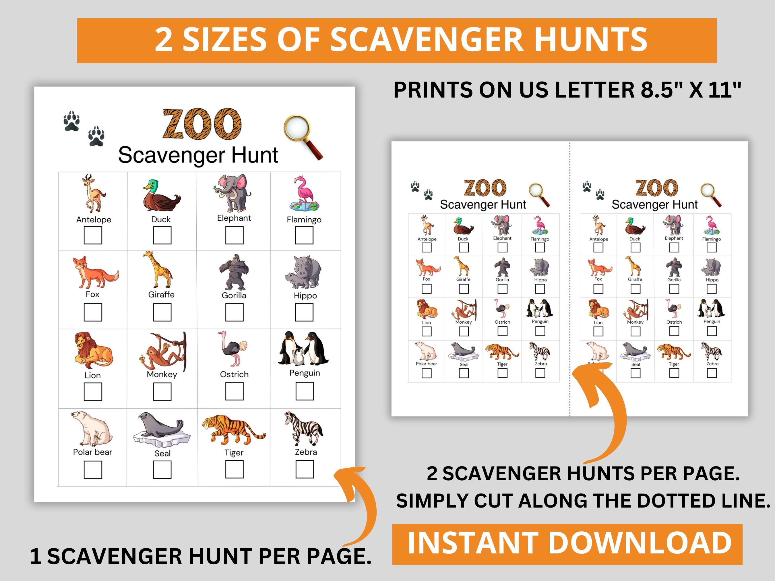 Zoo Scavenger Hunt, Printable Zoo Treasure Hunt, Animal Scavenger Hunt