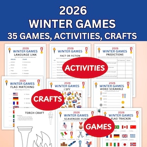 Puede incluir: Una colección de hojas de actividades imprimibles para los Juegos de Invierno 2026 con títulos como Language Link, Fact or Fiction, Predictions, Flag Matching, I Spy, Word Scramble, Torch Craft, Scavenger Hunt y Flag Tracker con iconos.