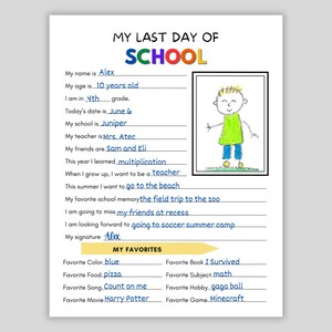 Last Day of School Printable, Last Day of School Questionnaire, School ...