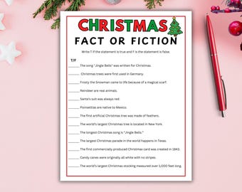 May include: A Christmas-themed fact or fiction game sheet with a red and green header. The sheet includes statements about Christmas traditions, with space to mark true or false. A red pen rests on the right side.