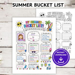 Op de afbeelding: Twee afdrukbare zomer-bucketlist-sjablonen. De eerste is een kleurrijk ontwerp met een portret van een meisje, een zon en de tekst "MY SUMMER BUCKET LIST!". De tweede is een zwart-wit versie. Beide bevatten ruimtes om doelen en activiteiten op te schrijven.