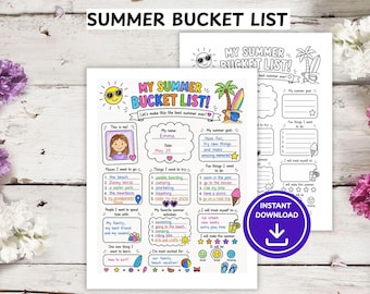 My Summer Bucket List Worksheet for Kids | Summer Activity | Summer Goals Planner | Coloring Page