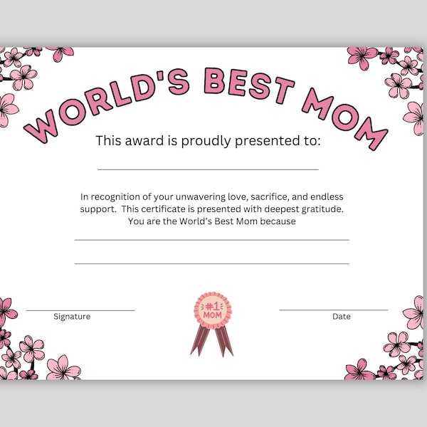 Mother's Day Certificate, Printable World's Best Mom Certificate, Mother's Day Gift, Mom Award, Present for Mom from Kids