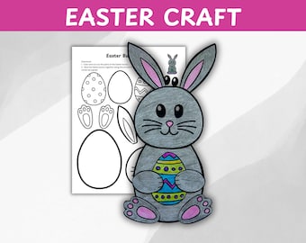 May include: A printable Easter craft template featuring a gray bunny holding a colorful Easter egg. The template includes cut-out pieces for the bunny's body, ears, feet, and tail, as well as an egg.