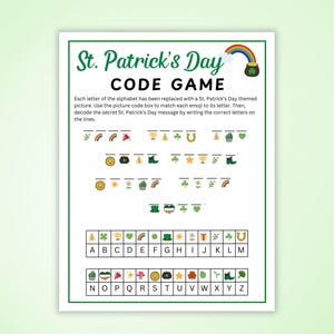Peut inclure: Un jeu de code sur le thème de la Saint-Patrick sur fond blanc. Le jeu comprend un arc-en-ciel et un pot d'or, avec des instructions et un code pour déchiffrer un message secret. Le jeu comprend une clé pour associer les emojis aux lettres.