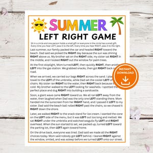Pode incluir: Uma folha de jogo imprimível com tema de verão com o título "SUMMER LEFT RIGHT GAME" em letras coloridas. A folha inclui instruções para uma atividade divertida, um sol e uma palmeira, e um botão "DOWNLOAD INSTANTÂNEO".