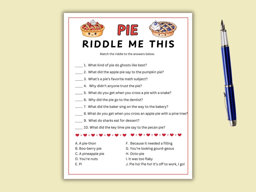 Pie Riddles, Pie Jokes Activity for Kids, Pie Day, Thanksgiving - Etsy