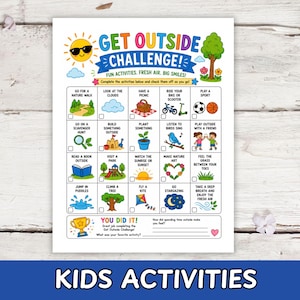 Peut inclure: Un tableau d'activités pour enfants coloré intitulé "Get Outside Challenge !" présente des illustrations d'activités de plein air comme les promenades dans la nature, les pique-niques et les sports. Le tableau comprend des cases à cocher et le texte "You Did It !" en bas.