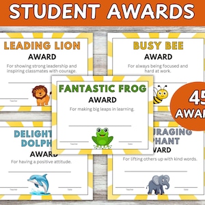PRINTABLE Student Award Certificates, Animal Themed Student Awards, End of Year Awards, School Certificates, Classroom Awards