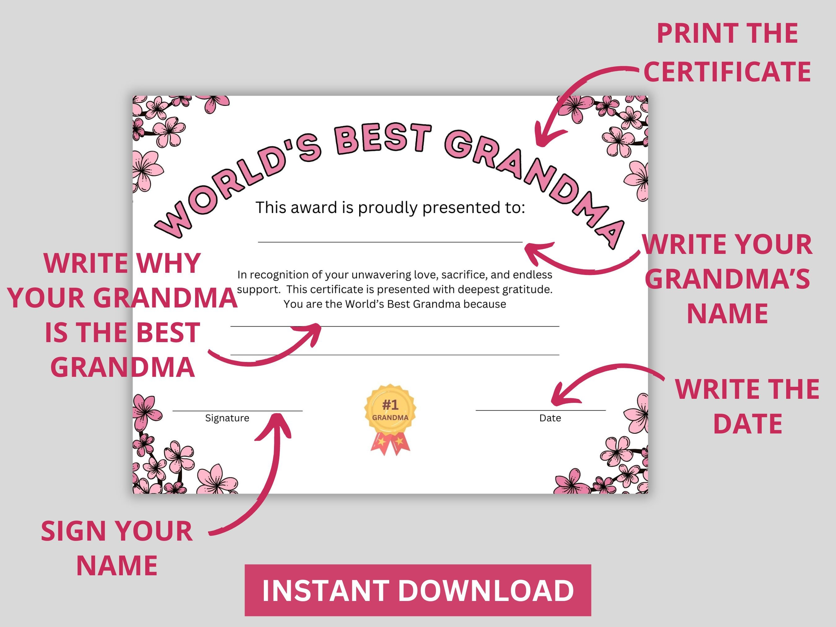 World's Best Grandma Certificate, Grandparent's Day Gift, Mother's Day Gift for Grandma