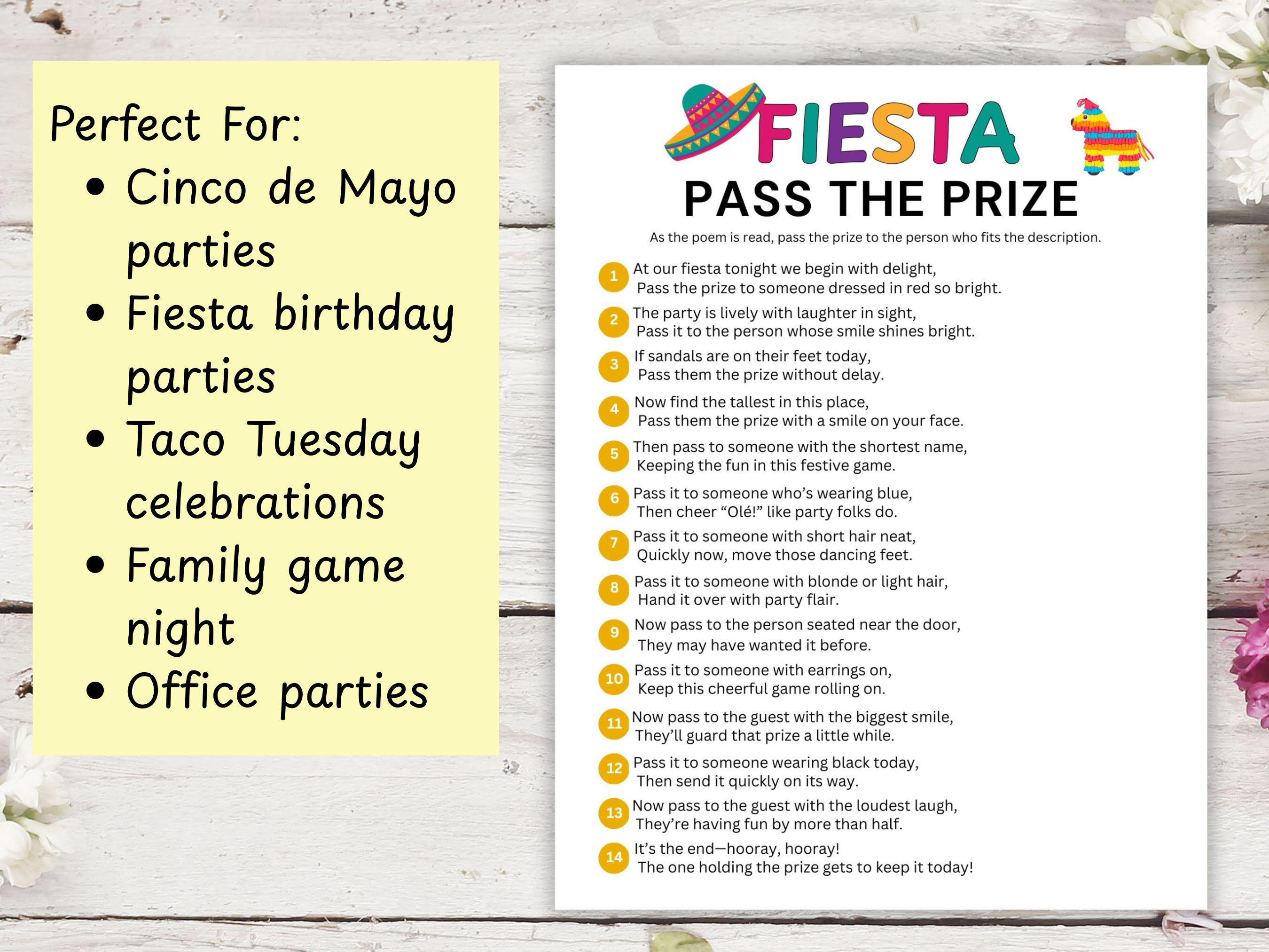 Fiesta Pass the Prize Printable Game | Cinco De Mayo Party Gift ...