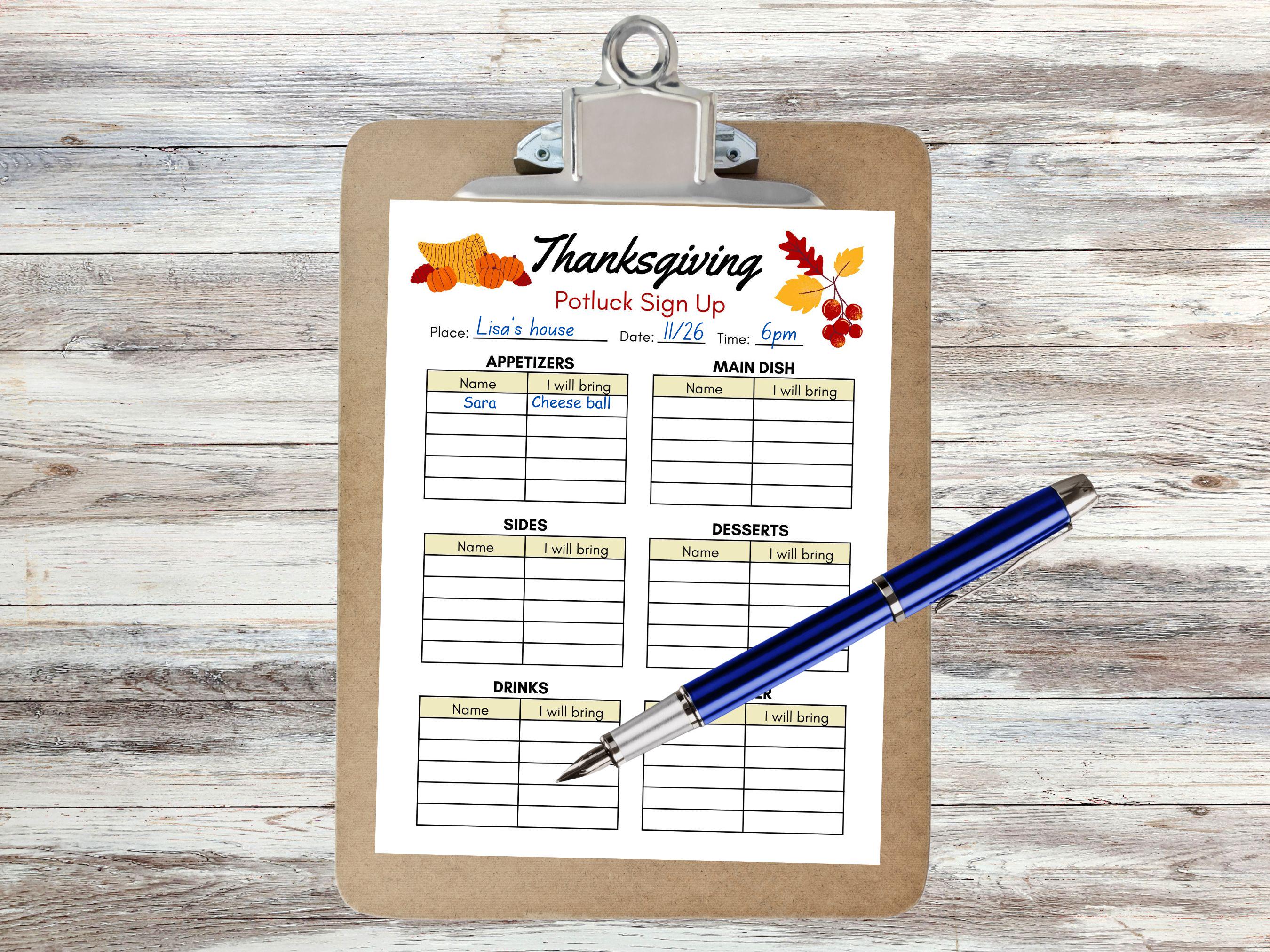 Thanksgiving Potluck Sign up Sheet, Printable Thanksgiving Sign up ...
