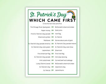 St. Patrick's Day Which Came First Trivia Game, March Party Quiz Activity