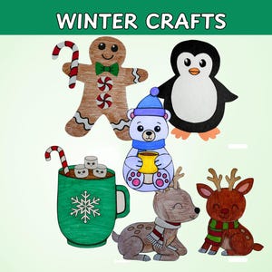 May include: Colorful illustration of winter-themed crafts. Includes a gingerbread man, penguin, polar bear, hot cocoa, and reindeer. The words "WINTER CRAFTS" are at the top in white letters against a green background.