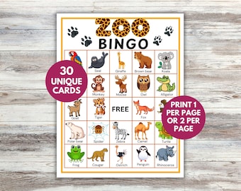 Zoo Animal Bingo Game: 30 Printable Cards (Digital Download)