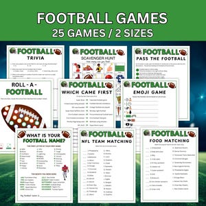 May include: A collection of printable football games, including trivia, scavenger hunts, and emoji games. The title reads "FOOTBALL GAMES 25 GAMES / 2 SIZES". The background is a green field with stadium lights.