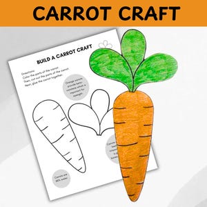 May include: A printable craft activity for kids to make a carrot. The printable includes a carrot shape, a carrot top, and directions to color, cut, and glue the pieces together. The text on the printable says "Build a Carrot Craft".