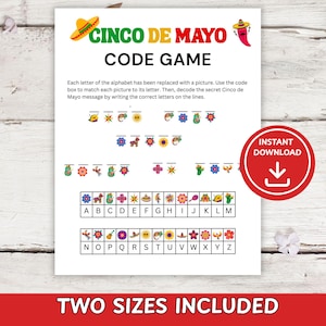 Może przedstawiać: Drukowana gra kodowa Cinco de Mayo z kolorowymi ilustracjami i tekstem "CINCO DE MAYO CODE GAME". Zawiera klucz kodowy i instrukcje. Widoczny jest czerwony okrąg z napisem "INSTANT DOWNLOAD". Dolny baner głosi "TWO SIZES INCLUDED".