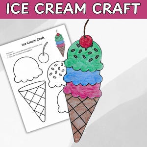 Op de afbeelding: Een kleurrijke ijsknutsel met drie bollen in groen, blauw en roze, bekroond met een kers. De kegel is bruin. Een vel papier met ijsvormcontouren en de tekst "Ice Cream Craft" is ook zichtbaar.