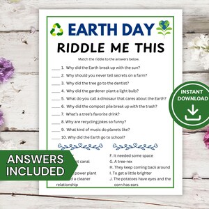 Earth Day Math Riddles Earth Day Riddles Game Printable for Kids | Classroom Worksheet ...