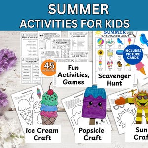 Puede incluir: Hojas de actividades de verano para niños, que incluyen una búsqueda del tesoro, manualidades de helados, manualidades de paletas y manualidades de sol. Las hojas incluyen tarjetas con imágenes y juegos. El título dice "Actividades de verano para niños".