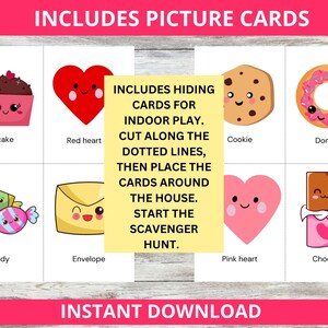 Valentine's Day picture cards to hide for a Valentine's Day treasure hunt.