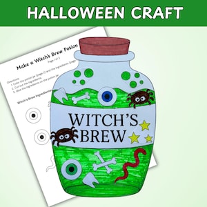 May include: A Halloween craft featuring a witch's brew potion jar with the text "Witch's Brew". The jar is decorated with eyeballs, spiders, bones, and stars. A sheet of paper with instructions is next to the jar.