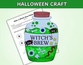 May include: A Halloween craft featuring a witch's brew potion jar with the text "Witch's Brew". The jar is decorated with eyeballs, spiders, bones, and stars. A sheet of paper with instructions is next to the jar.