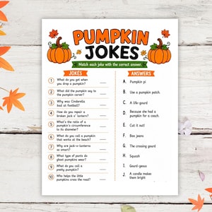 May include: A white activity sheet titled Pumpkin Jokes with orange pumpkin illustrations at the top. The sheet features ten numbered jokes on the left and ten lettered answers on the right, with a green banner reading Match each joke with the correct answer.
