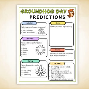 Puede incluir: Una hoja de trabajo de Predicciones del Día de la Marmota con secciones para predicción, clima, primavera y datos curiosos. Incluye ilustraciones de una marmota, el sol y una flor. El texto hace preguntas sobre la sombra de la marmota y la llegada de la primavera.
