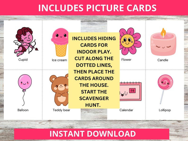 Valentine's Day activity for kids of a scavenger hunt.