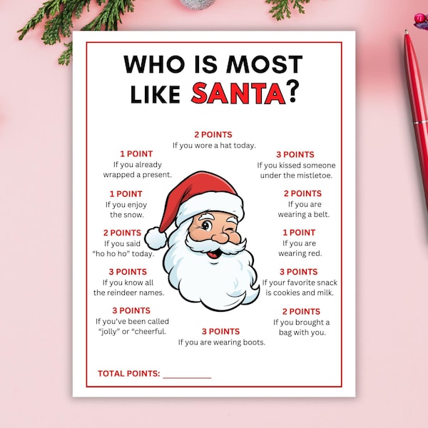 Who is Most Like Santa Christmas Party Game, Holiday Activity for Kids, Adults, Teens, Families, Printable Christmas Game