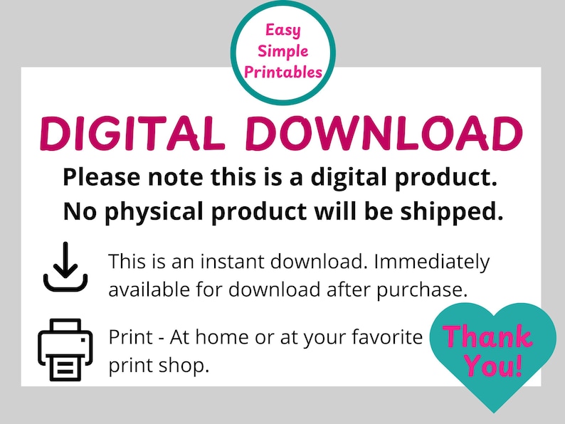 Pu&ograve; includere: Sfondo bianco con testo magenta "DOWNLOAD DIGITALE". L'immagine indica che si tratta di un prodotto digitale, disponibile per il download immediato. Include un cuore turchese con "Grazie!"