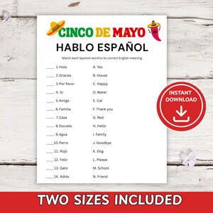 May include: A white game sheet for Cinco de Mayo with the text "HABLO ESPAÑOL" and a matching exercise. The sheet includes a red "INSTANT DOWNLOAD" button and the words "TWO SIZES INCLUDED" at the bottom.