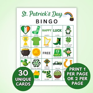 May include: A St. Patrick's Day Bingo game card with colorful illustrations of a heart, sock, gnome, four-leaf clover, and more. The card includes the text "St. Patrick's Day BINGO" and instructions to print 1 or 2 cards per page.
