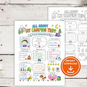 Tutto sul mio viaggio in campeggio (stampabile) / Pagina dei ricordi del campeggio / Scheda di attività per bambini sul campeggio