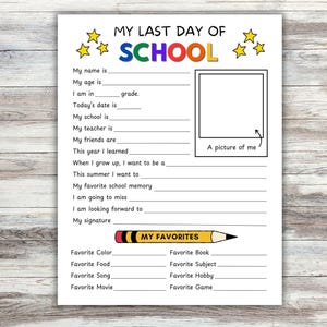 Last Day of School Questionnaire: School Memory Keepsake (Printable PDF)